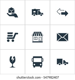 Set Of 9 Simple Carting Icons. Can Be Found Such Elements As Autobus, Pushcart, Envelope And Other.