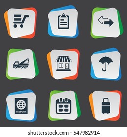 Set Of 9 Simple Carting Icons. Can Be Found Such Elements As Eviction Vehicle, Passport, Gingham And Other.