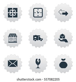 Set Of 9 Simple Carting Icons. Can Be Found Such Elements As Mall, Holdall, Packaging And Other.