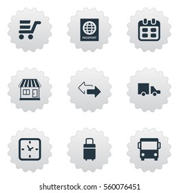 Set Of 9 Simple Carting Icons. Can Be Found Such Elements As Day, Passport, Pushcart And Other.