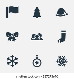 Set Of 9 Simple Celebration Icons. Can Be Found Such Elements As Christmas Cap, Snow, Forest And Other.