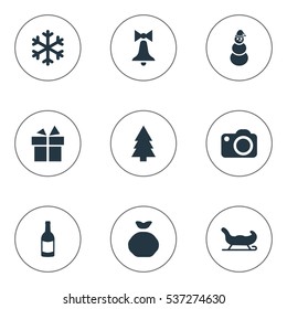 Set Of 9 Simple Celebration Icons. Can Be Found Such Elements As Bag, Photography, Sledge And Other.