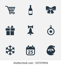 Set Of 9 Simple Celebration Icons. Can Be Found Such Elements As Tree Toy, Drink Bottle, Christmas Decoration And Other.