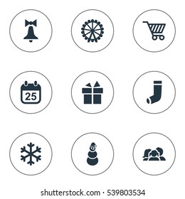 Set Of 9 Simple Celebration Icons. Can Be Found Such Elements As Basket, Ice Man, Christmas Decoration And Other.