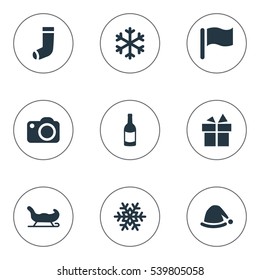 Set Of 9 Simple Celebration Icons. Can Be Found Such Elements As Christmas Cap, Sledge, Christmas Decoration And Other.