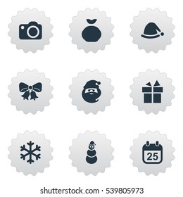 Set Of 9 Simple Celebration Icons. Can Be Found Such Elements As Christmas Decoration, Christmas Character, Christmas Cap And Other.