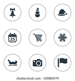 Set Of 9 Simple Celebration Icons. Can Be Found Such Elements As Sledge, Ice Man, Pin And Other.