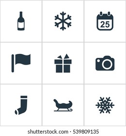 Set Of 9 Simple Celebration Icons. Can Be Found Such Elements As Snow, Present, Photography And Other.