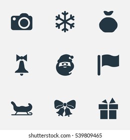 Set Of 9 Simple Celebration Icons. Can Be Found Such Elements As Christmas Decoration, Present, Snow And Other.