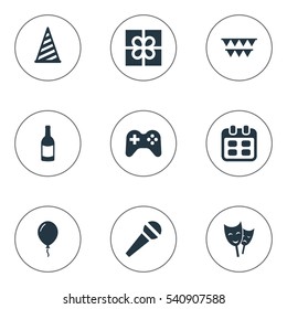 Set Of 9 Simple Celebration Icons. Can Be Found Such Elements As Aerostat, Mask, Speech And Other.