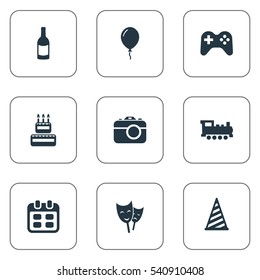 Set Of 9 Simple Celebration Icons. Can Be Found Such Elements As Game, Train, Camera And Other.