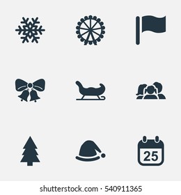 Set Of 9 Simple Celebration Icons. Can Be Found Such Elements As Pin, Calendar, Snow And Other.