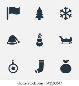Set Of 9 Simple Celebration Icons. Can Be Found Such Elements As Christmas Decoration, Pin, Forest And Other.