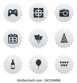 Set Of 9 Simple Celebration Icons. Can Be Found Such Elements As Box, Days, Camera And Other.