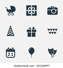 Set Of 9 Simple Celebration Icons. Can Be Found Such Elements As Cap, Aerostat, Box And Other.