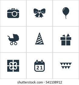Set Of 9 Simple Celebration Icons. Can Be Found Such Elements As Special Day, Aerostat, Resonate And Other.