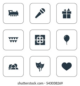 Set Of 9 Simple Celebration Icons. Can Be Found Such Elements As Mask, Ribbon, Box And Other.