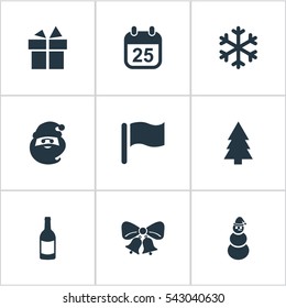 Set Of 9 Simple Celebration Icons. Can Be Found Such Elements As Drink Bottle, Forest, Pin And Other.