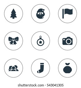Set Of 9 Simple Celebration Icons. Can Be Found Such Elements As Relatives, Christmas Decoration, Bag And Other.