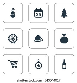 Set Of 9 Simple Celebration Icons. Can Be Found Such Elements As Calendar, Forest, Tree Toy And Other.