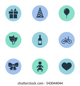 Set Of 9 Simple Celebration Icons. Can Be Found Such Elements As Infant, Resonate, Mask And Other.