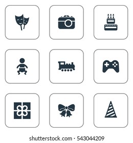 Set Of 9 Simple Celebration Icons. Can Be Found Such Elements As Cap, Resonate, Box And Other.
