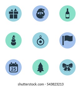 Set Of 9 Simple Celebration Icons. Can Be Found Such Elements As Calendar, Forest, Ice Man And Other.