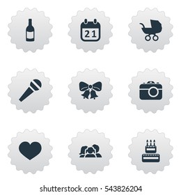 Set Of 9 Simple Celebration Icons. Can Be Found Such Elements As Baby Carriage, Confectionery, Resonate And Other.
