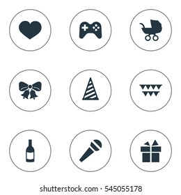 Set Of 9 Simple Celebration Icons. Can Be Found Such Elements As Beverage, Decorations;, Cap And Other.