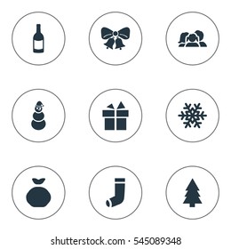 Set Of 9 Simple Celebration Icons. Can Be Found Such Elements As Snow, Bag, Christmas Decoration And Other.