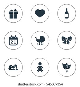Set Of 9 Simple Celebration Icons. Can Be Found Such Elements As Baby Carriage, Beverage, Domestic And Other.