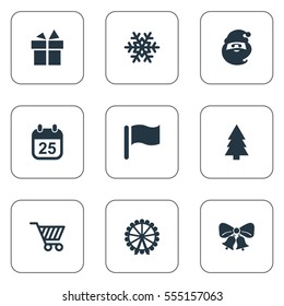 Set Of 9 Simple Celebration Icons. Can Be Found Such Elements As Calendar, Pin, Christmas Decoration And Other.
