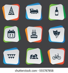 Set Of 9 Simple Celebration Icons. Can Be Found Such Elements As Mask, Bicycle, Cap And Other.