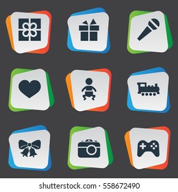 Set Of 9 Simple Celebration Icons. Can Be Found Such Elements As Infant, Box, Resonate And Other.