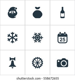 Set Of 9 Simple Celebration Icons. Can Be Found Such Elements As Christmas Character, Snow, Decoration And Other.