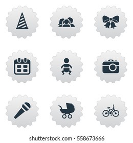 Set Of 9 Simple Celebration Icons. Can Be Found Such Elements As Resonate, Speech, Cap And Other.