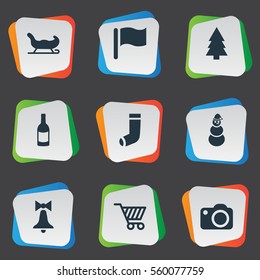 Set Of 9 Simple Celebration Icons. Can Be Found Such Elements As Christmas Decoration, Photography, Pin And Other.