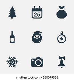 Set Of 9 Simple Celebration Icons. Can Be Found Such Elements As Bag, Snow, Christmas Character And Other.