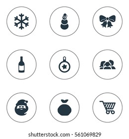 Set Of 9 Simple Celebration Icons. Can Be Found Such Elements As Snow, Basket, Drink Bottle And Other.