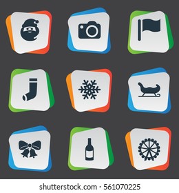Set Of 9 Simple Celebration Icons. Can Be Found Such Elements As Snow, Christmas Character, Sledge And Other.