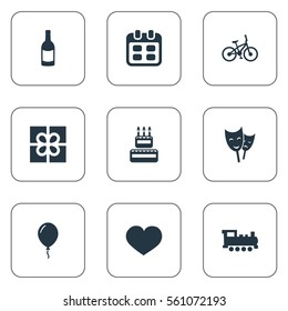 Set Of 9 Simple Celebration Icons. Can Be Found Such Elements As Mask, Train, Beverage And Other.