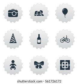 Set Of 9 Simple Celebration Icons. Can Be Found Such Elements As Camera, Aerostat, Box And Other.