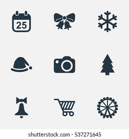 Set Of 9 Simple Christmas Icons. Can Be Found Such Elements As Christmas Cap, Funfair, Decoration And Other.