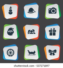 Set Of 9 Simple Christmas Icons. Can Be Found Such Elements As Christmas Character, Relatives, Funfair And Other.