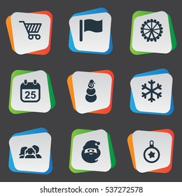 Set Of 9 Simple Christmas Icons. Can Be Found Such Elements As Funfair, Ice Man, Basket And Other.
