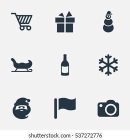 Set Of 9 Simple Christmas Icons. Can Be Found Such Elements As Photography, Snow, Christmas Character And Other.