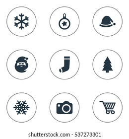 Set Of 9 Simple Christmas Icons. Can Be Found Such Elements As Christmas Character, Photography, Snow And Other.