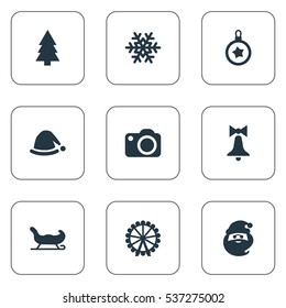Set Of 9 Simple Christmas Icons. Can Be Found Such Elements As Forest, Tree Toy, Photography And Other.