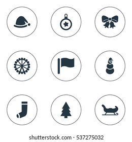 Set Of 9 Simple Christmas Icons. Can Be Found Such Elements As Funfair, Christmas Decoration, Christmas Decoration And Other.