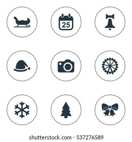 Set Of 9 Simple Christmas Icons. Can Be Found Such Elements As Christmas Cap, Calendar, Sledge And Other.